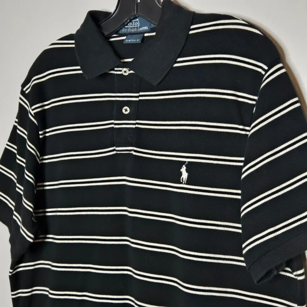 Polo Ralph Lauren Y2K Men XL Black Striped Polo Shirt Custom Fit White Pony Logo
